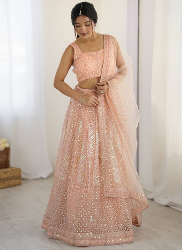 Marvelous Thread Sequence Work Peach Net Lehenga Choli For Wedding